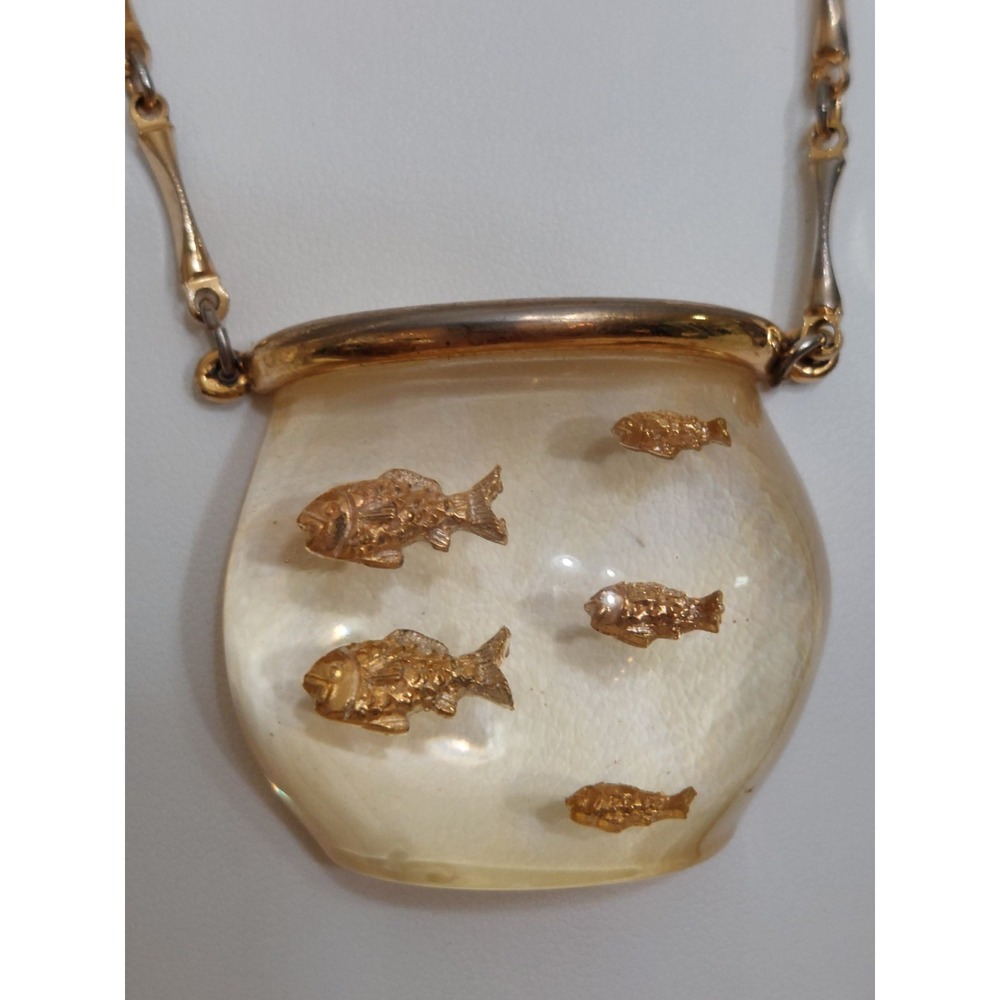1960s Lucite Fish Bowl Necklace Gold Fish Mid Century MCM Vintage Retro Eclectic